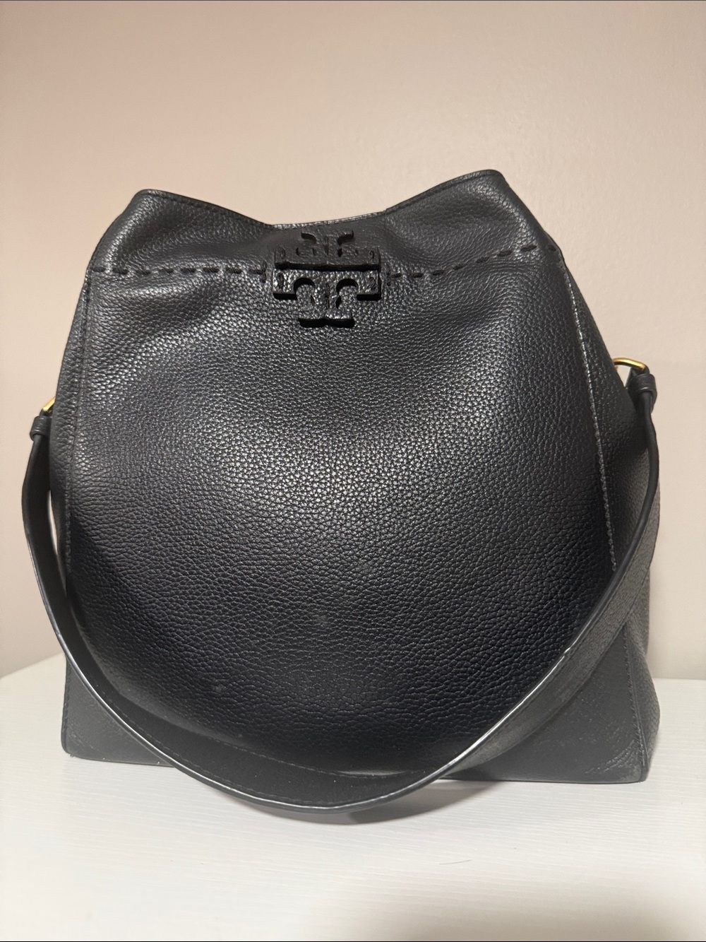 Tory Burch Black Pebbled Leather Hobo Shoulder Bag